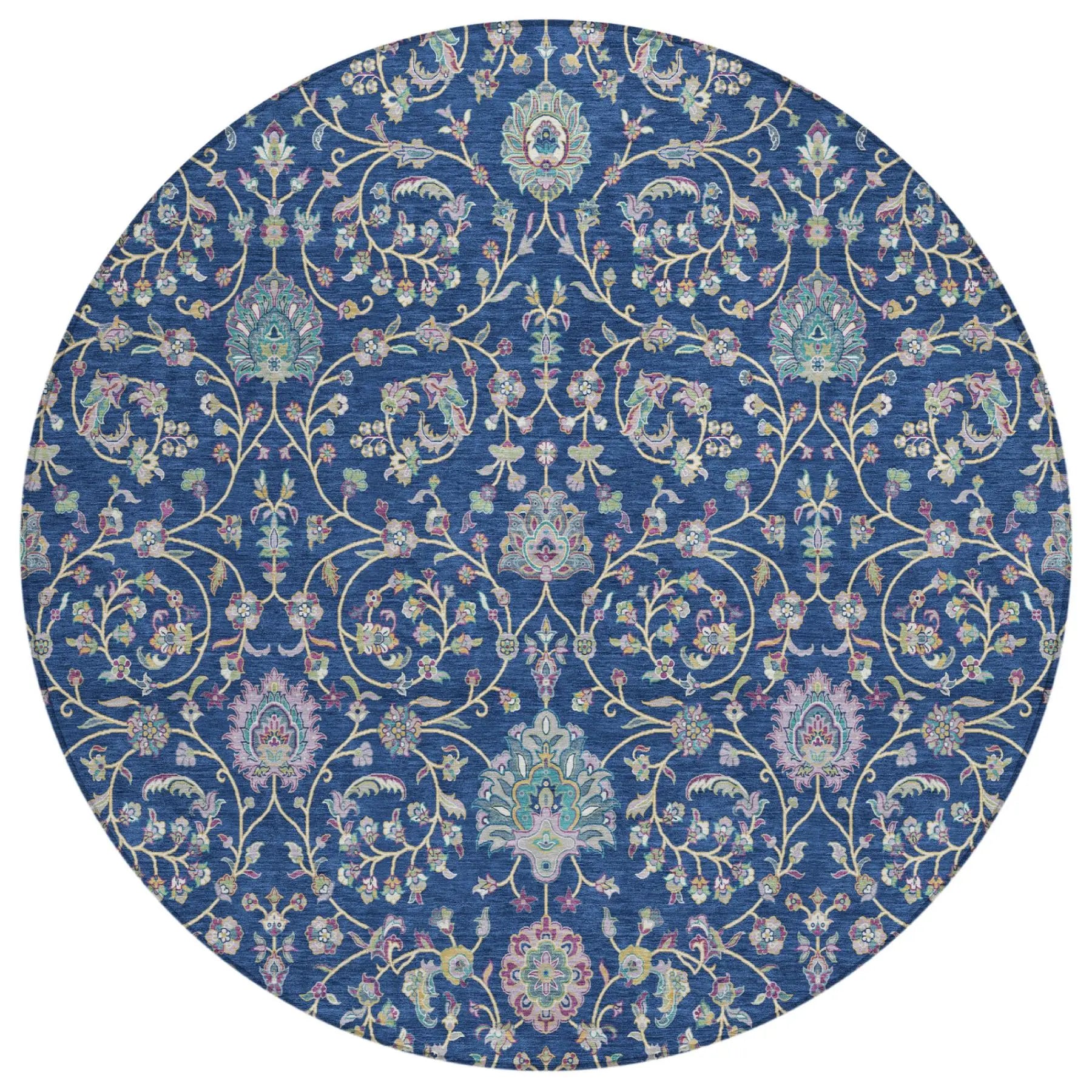 8' Blue And Gray Round Floral Washable Indoor Outdoor Area Rug Homeroots Outdoor