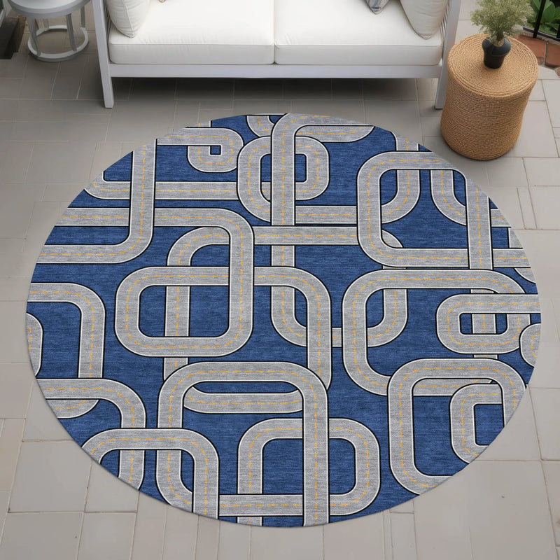 8' Blue And Gray Round Geometric Washable Indoor Outdoor Area Rug Homeroots Outdoor