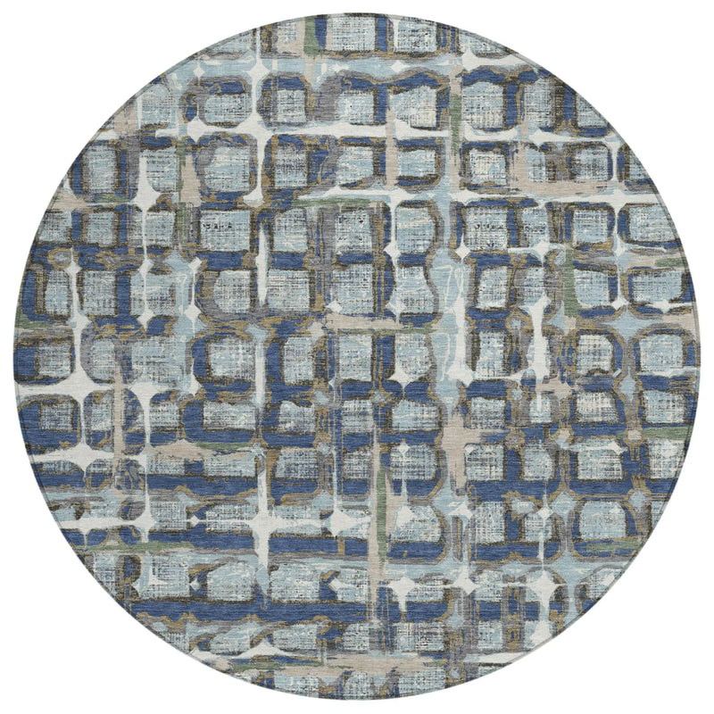 8' Blue And Gray Round Geometric Washable Indoor Outdoor Area Rug Homeroots Outdoor