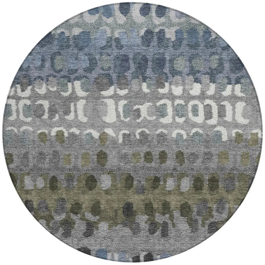 8' Blue And Gray Round Geometric Washable Indoor Outdoor Area Rug Homeroots Outdoor