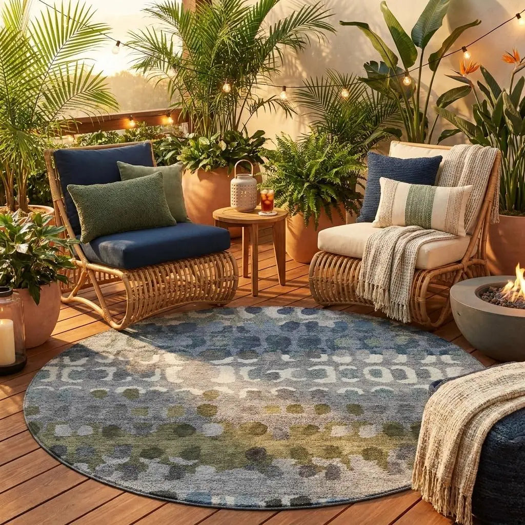 8' Blue And Gray Round Geometric Washable Indoor Outdoor Area Rug Homeroots Outdoor