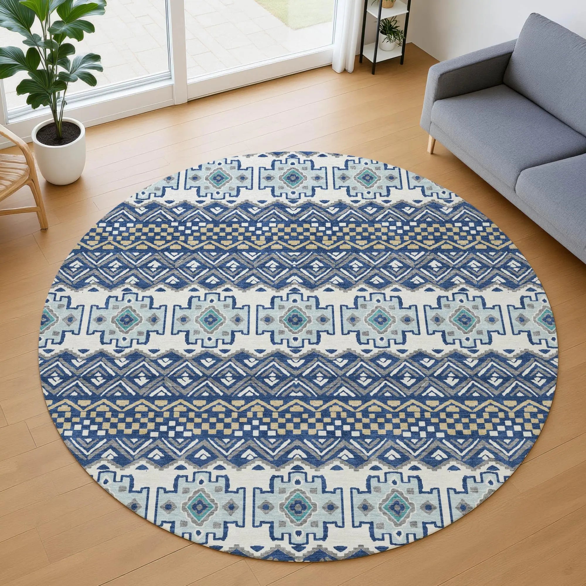 8' Blue And Gray Round Striped Washable Indoor Outdoor Area Rug Homeroots Outdoor