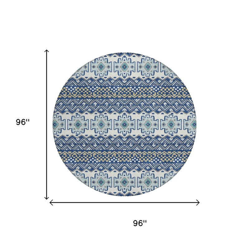 8' Blue And Gray Round Striped Washable Indoor Outdoor Area Rug Homeroots Outdoor