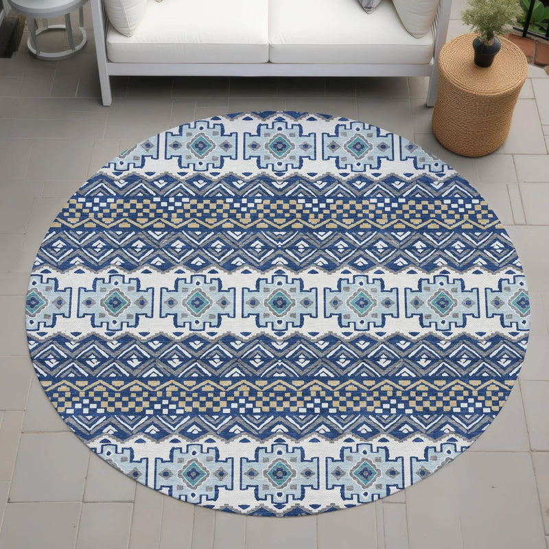 8' Blue And Gray Round Striped Washable Indoor Outdoor Area Rug Homeroots Outdoor