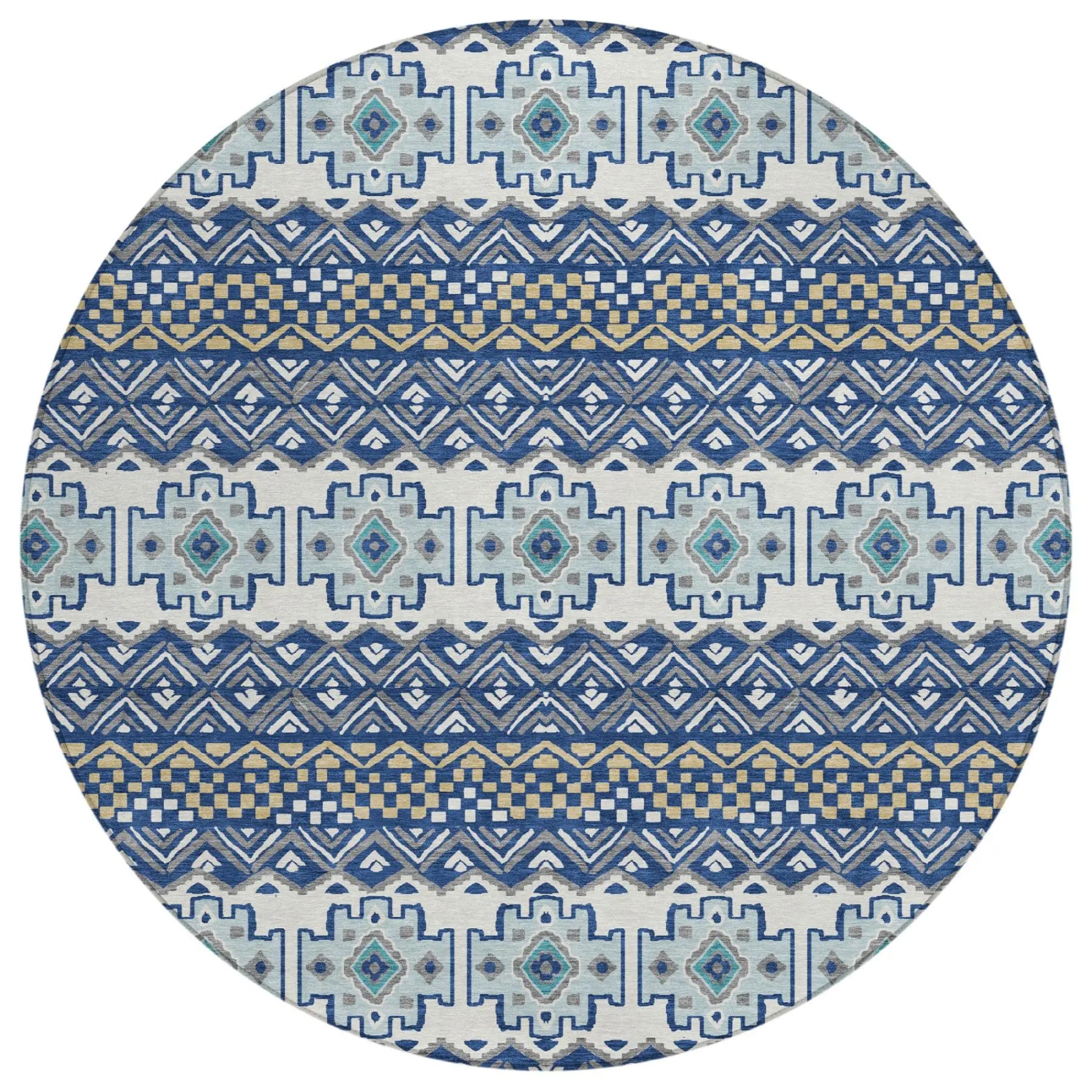 8' Blue And Gray Round Striped Washable Indoor Outdoor Area Rug Homeroots Outdoor