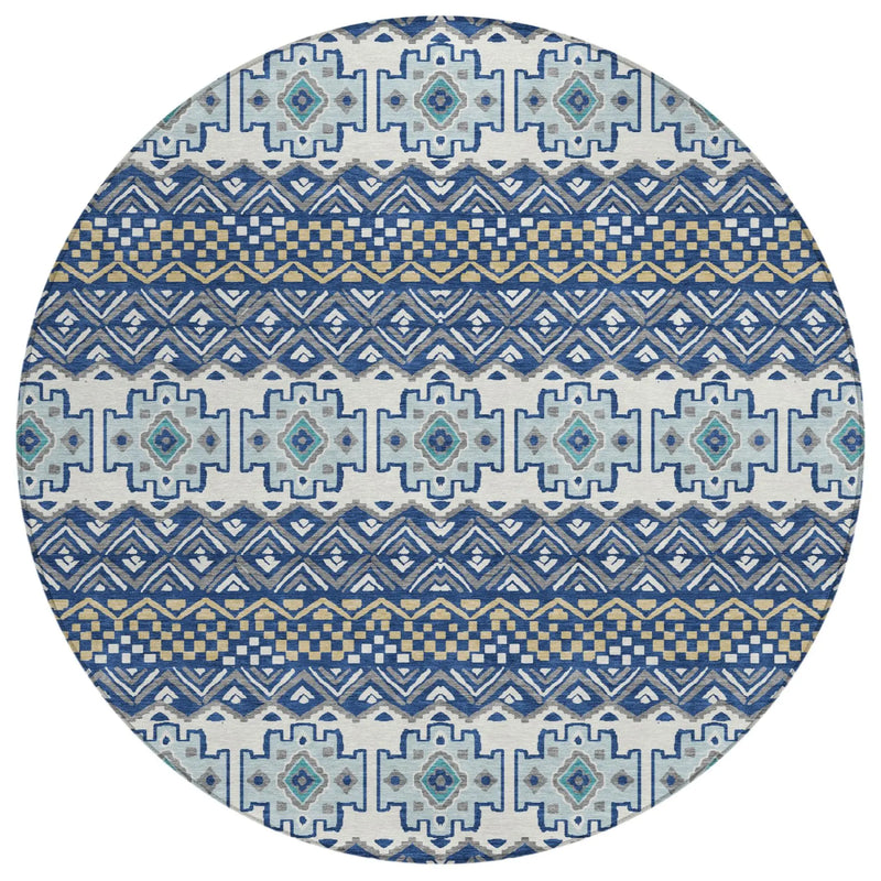 8' Blue And Gray Round Striped Washable Indoor Outdoor Area Rug Homeroots Outdoor