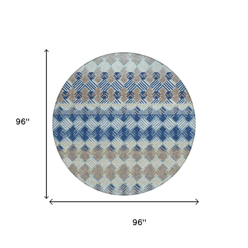 8' Blue And Gray Round Striped Washable Indoor Outdoor Area Rug Homeroots Outdoor