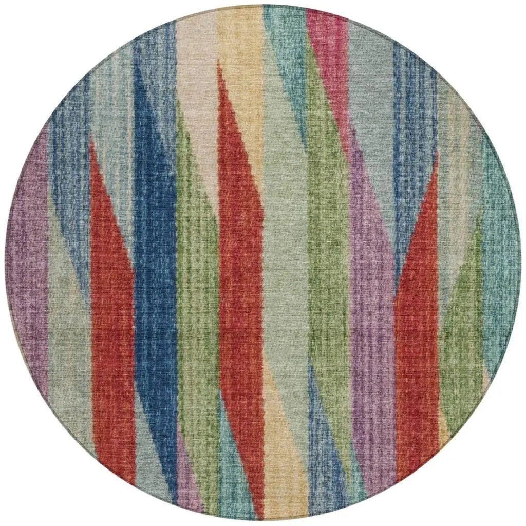 8' Blue And Gray Round Striped Washable Indoor Outdoor Area Rug Homeroots Outdoor