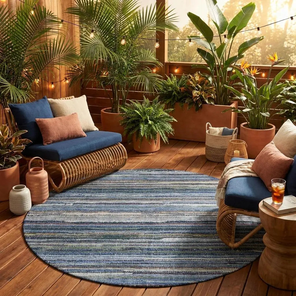 8' Blue And Gray Round Striped Washable Indoor Outdoor Area Rug Homeroots Outdoor