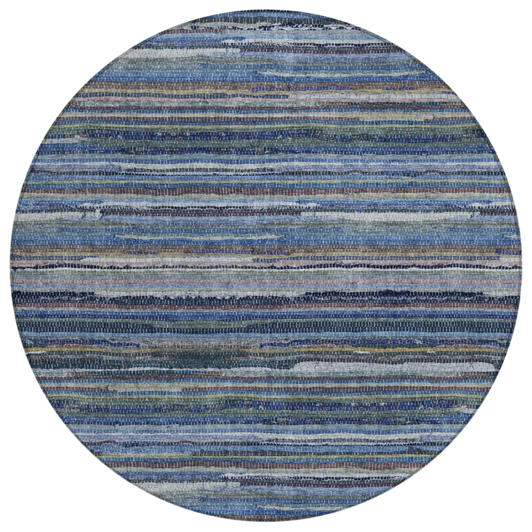 8' Blue And Gray Round Striped Washable Indoor Outdoor Area Rug Homeroots Outdoor
