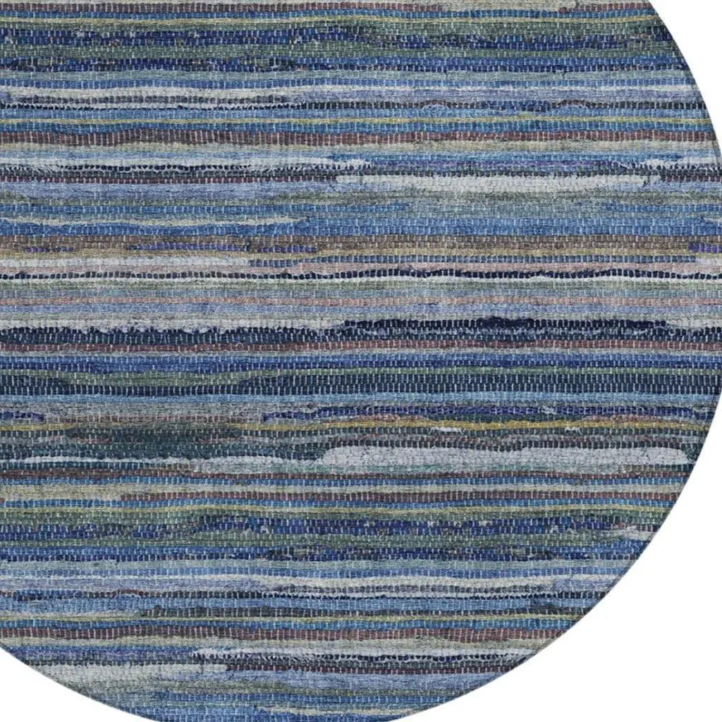 8' Blue And Gray Round Striped Washable Indoor Outdoor Area Rug Homeroots Outdoor