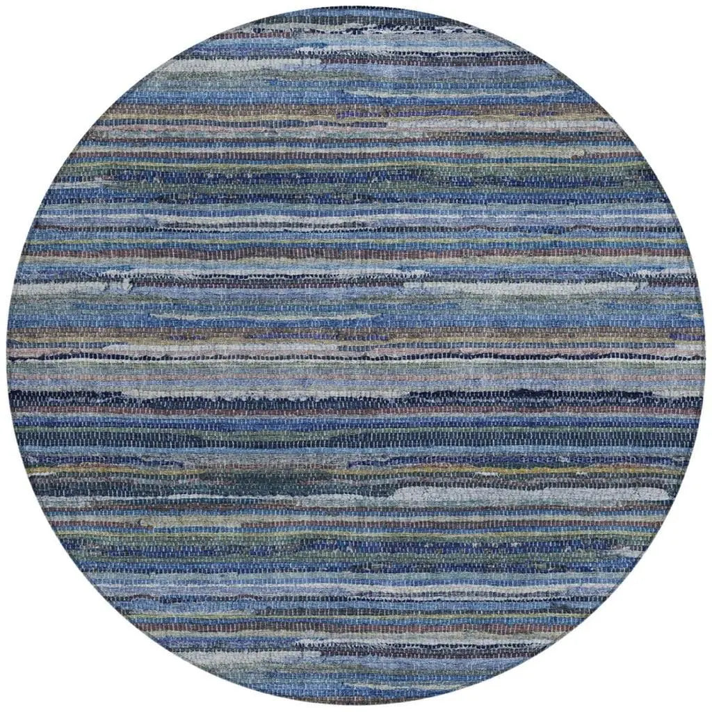 8' Blue And Gray Round Striped Washable Indoor Outdoor Area Rug Homeroots Outdoor