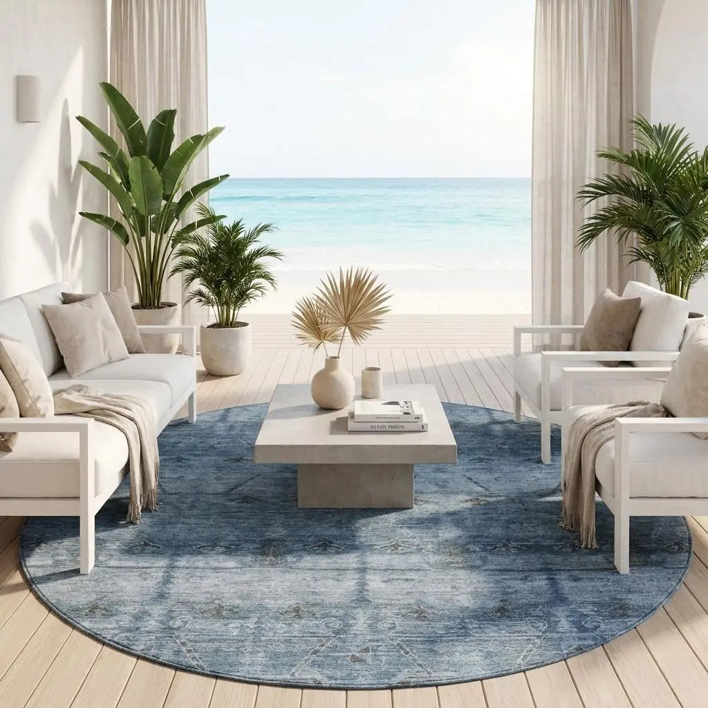 Coastal living room with white furniture, a blue circular rug, and tropical plants against a beach view backdrop.