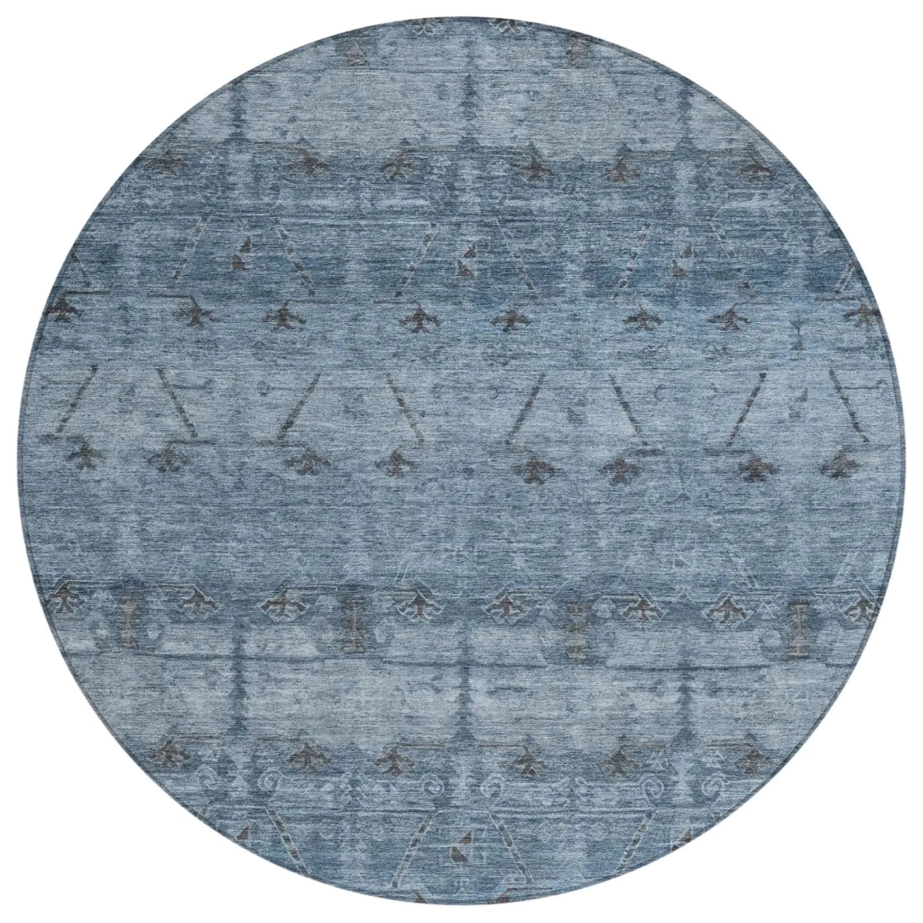 Round blue area rug with intricate patterns, made of soft synthetic fibers, perfect for modern and traditional decor.