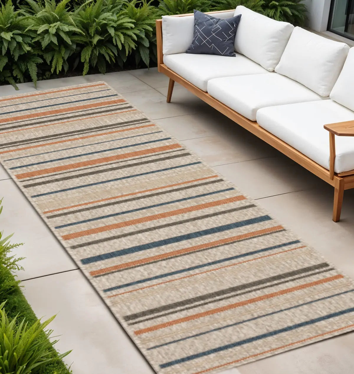 8' Blue And Gray Striped Indoor Outdoor Area Rug Homeroots Outdoor