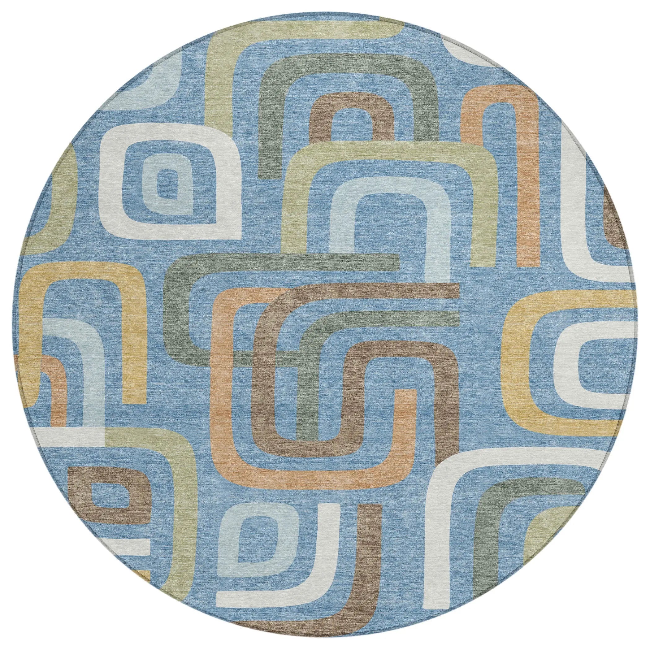 8' Blue And Green Round Geometric Washable Indoor Outdoor Area Rug Homeroots Outdoor