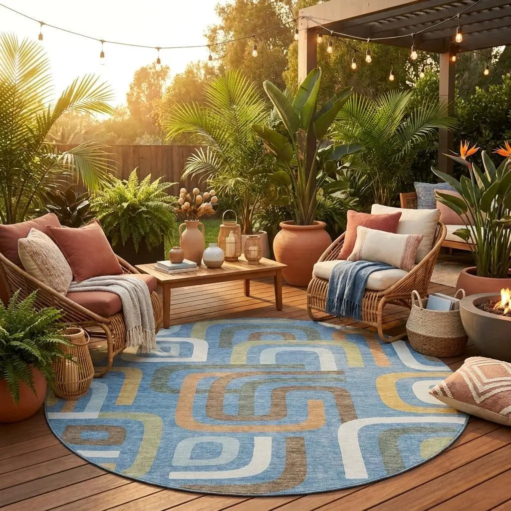 8' Blue And Green Round Geometric Washable Indoor Outdoor Area Rug Homeroots Outdoor