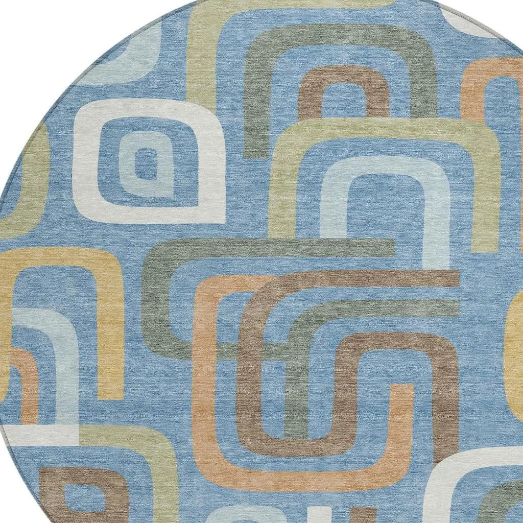 8' Blue And Green Round Geometric Washable Indoor Outdoor Area Rug Homeroots Outdoor