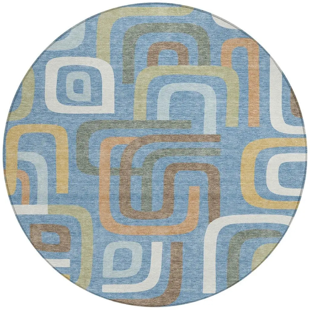 8' Blue And Green Round Geometric Washable Indoor Outdoor Area Rug Homeroots Outdoor