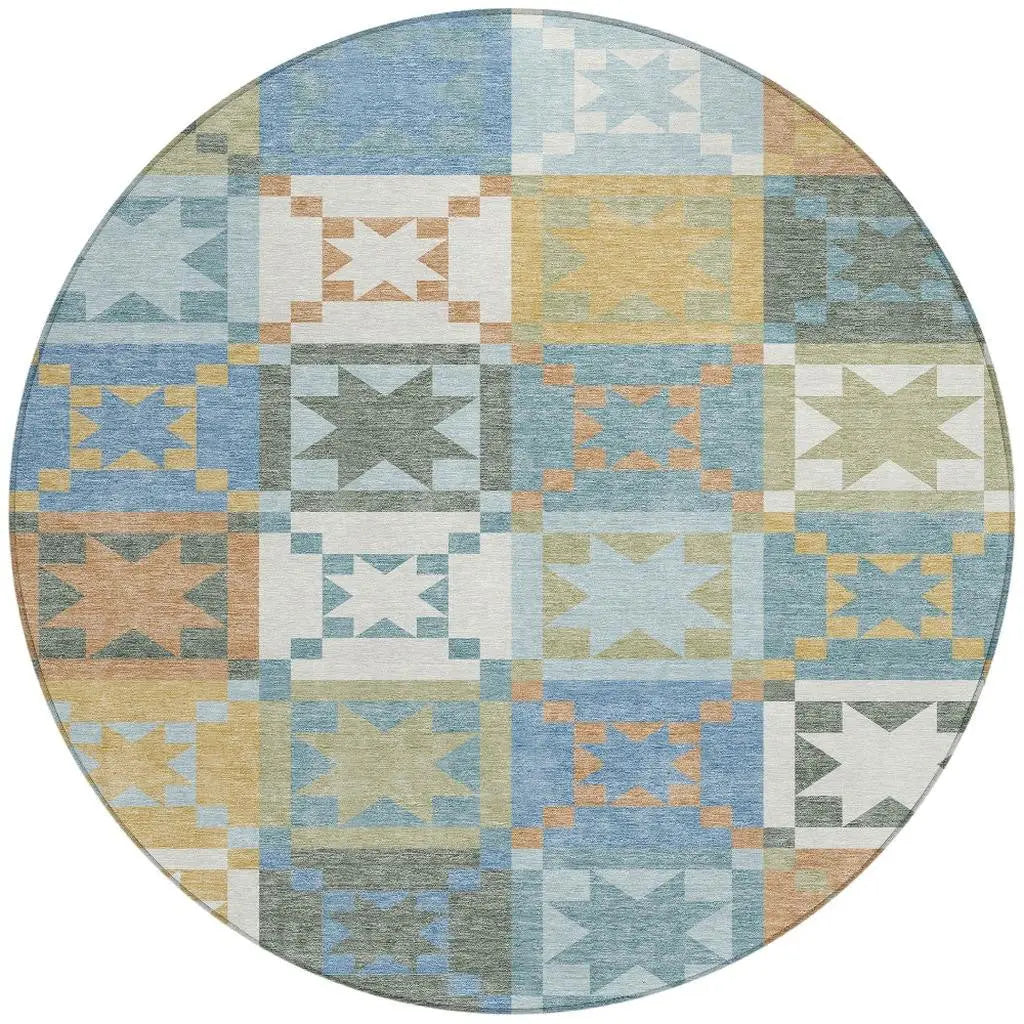 8' Blue And Green Round Patchwork Washable Indoor Outdoor Area Rug Homeroots Outdoor
