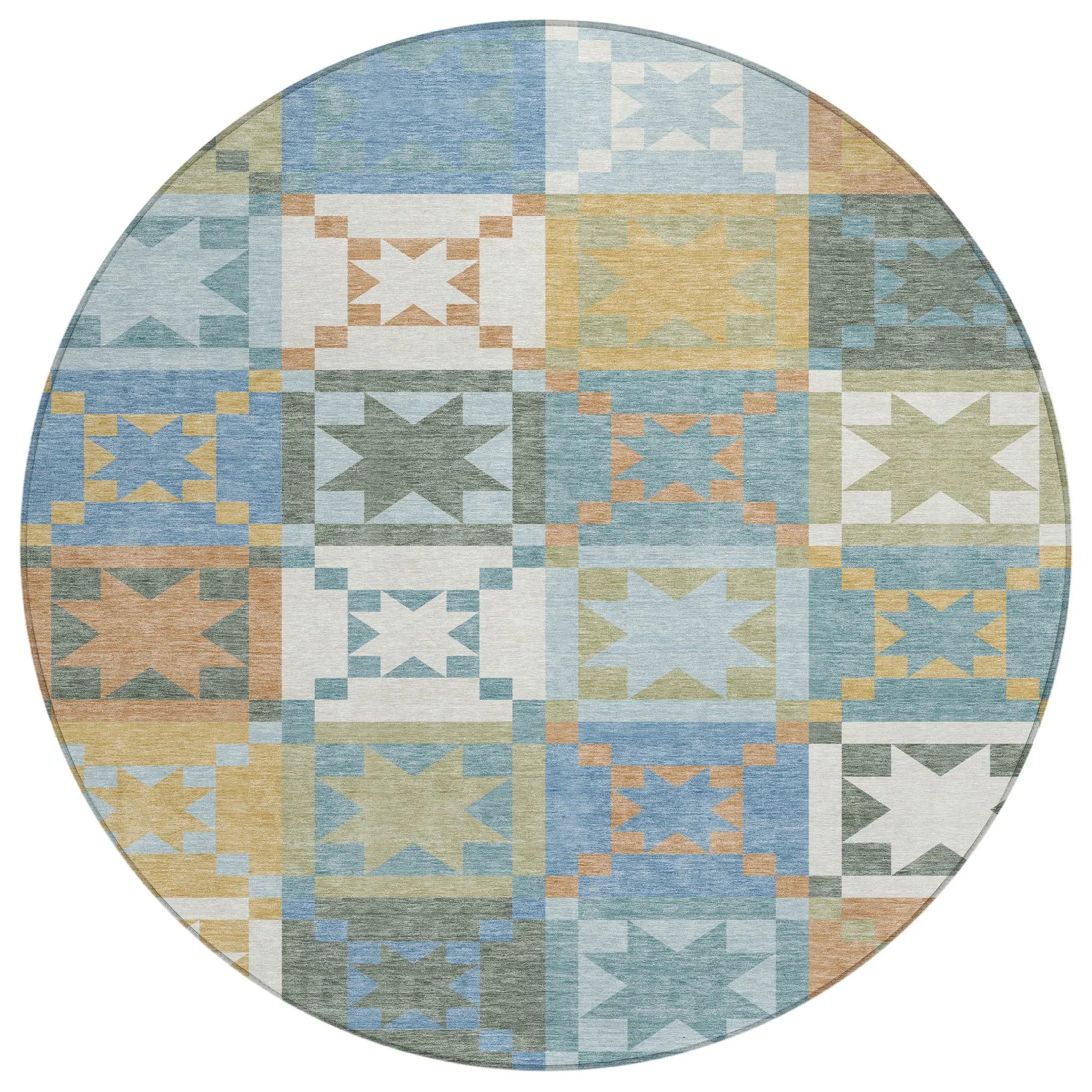 8' Blue And Green Round Patchwork Washable Indoor Outdoor Area Rug Homeroots Outdoor