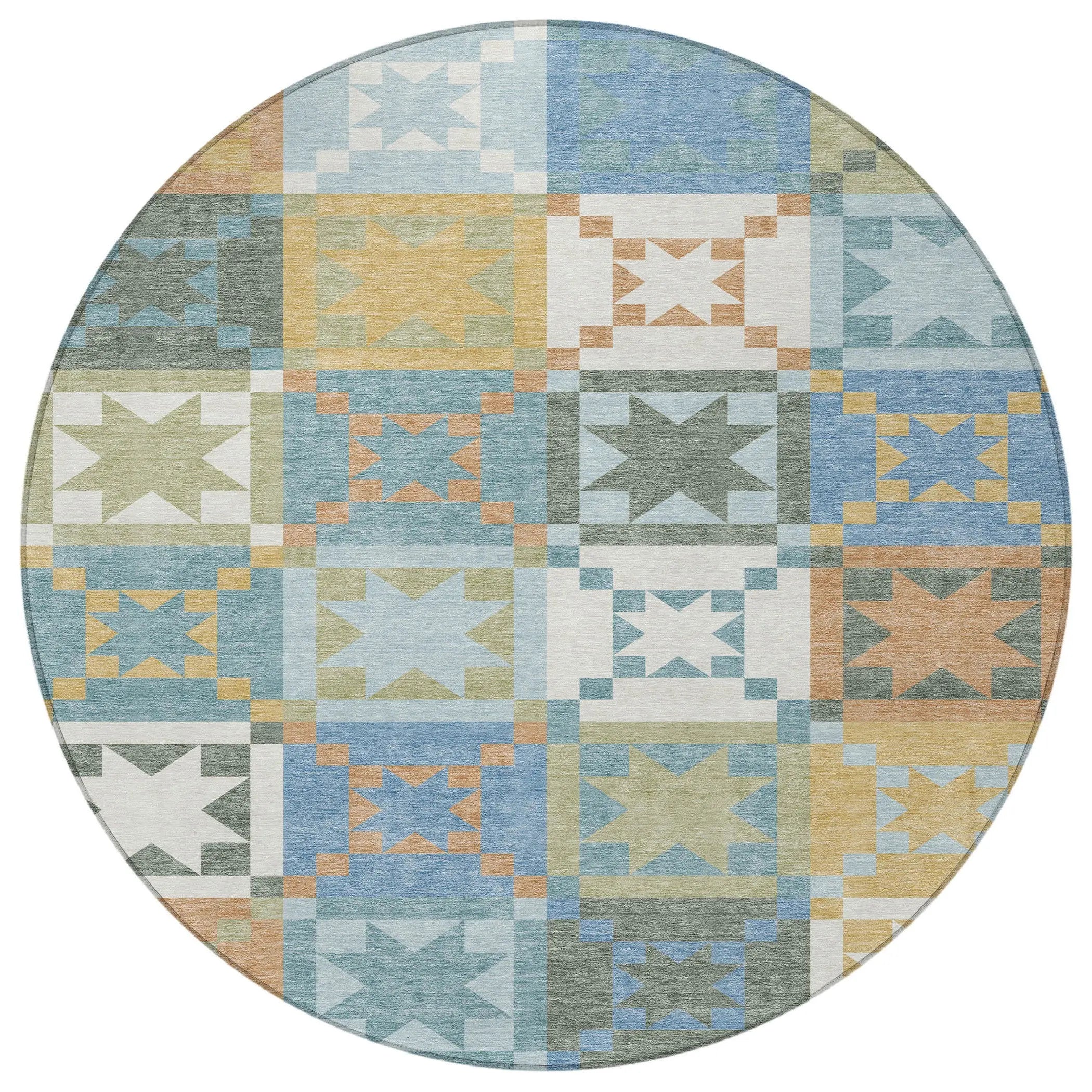8' Blue And Green Round Patchwork Washable Indoor Outdoor Area Rug Homeroots Outdoor