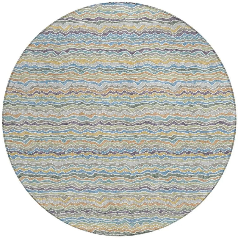 8' Blue And Green Round Striped Washable Indoor Outdoor Area Rug Homeroots Outdoor