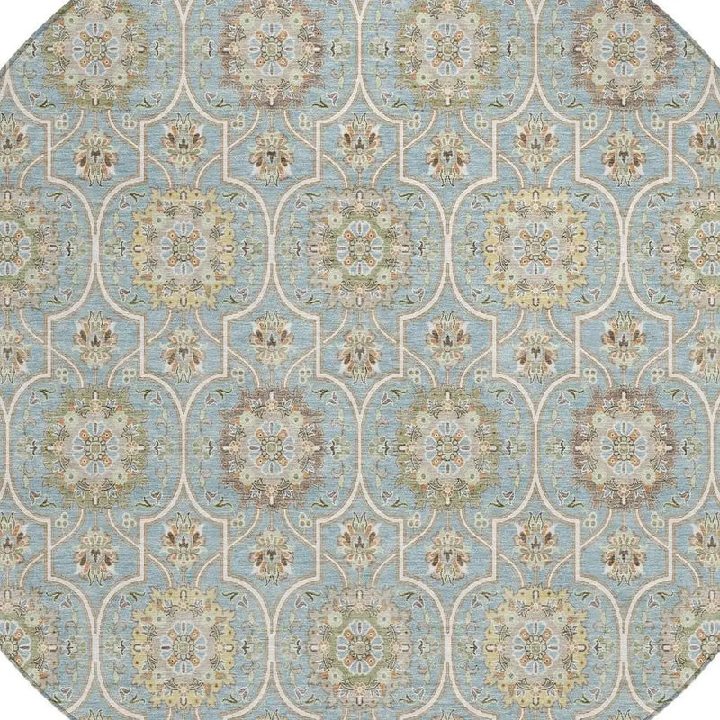 8' Blue And Ivory Round Floral Medallion Washable Indoor Outdoor Area Rug Homeroots Outdoor