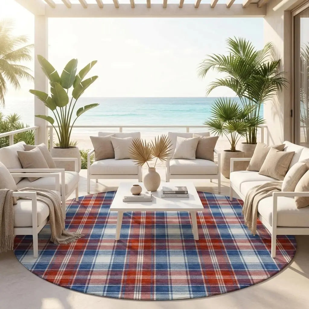 8' Blue And Ivory Round Geometric Washable Indoor Outdoor Area Rug Homeroots Outdoor