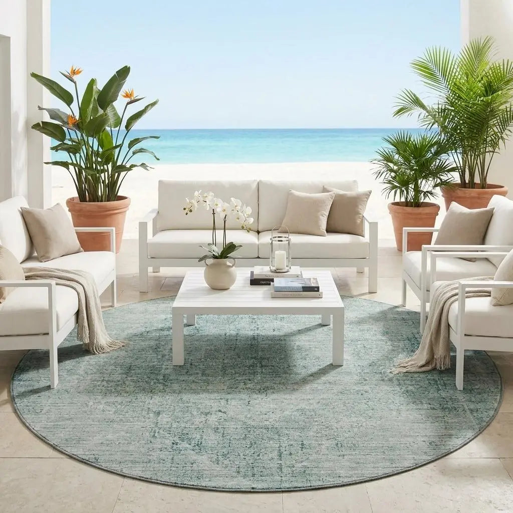 8' Blue And Ivory Round Oriental Washable Indoor Outdoor Area Rug Homeroots Outdoor