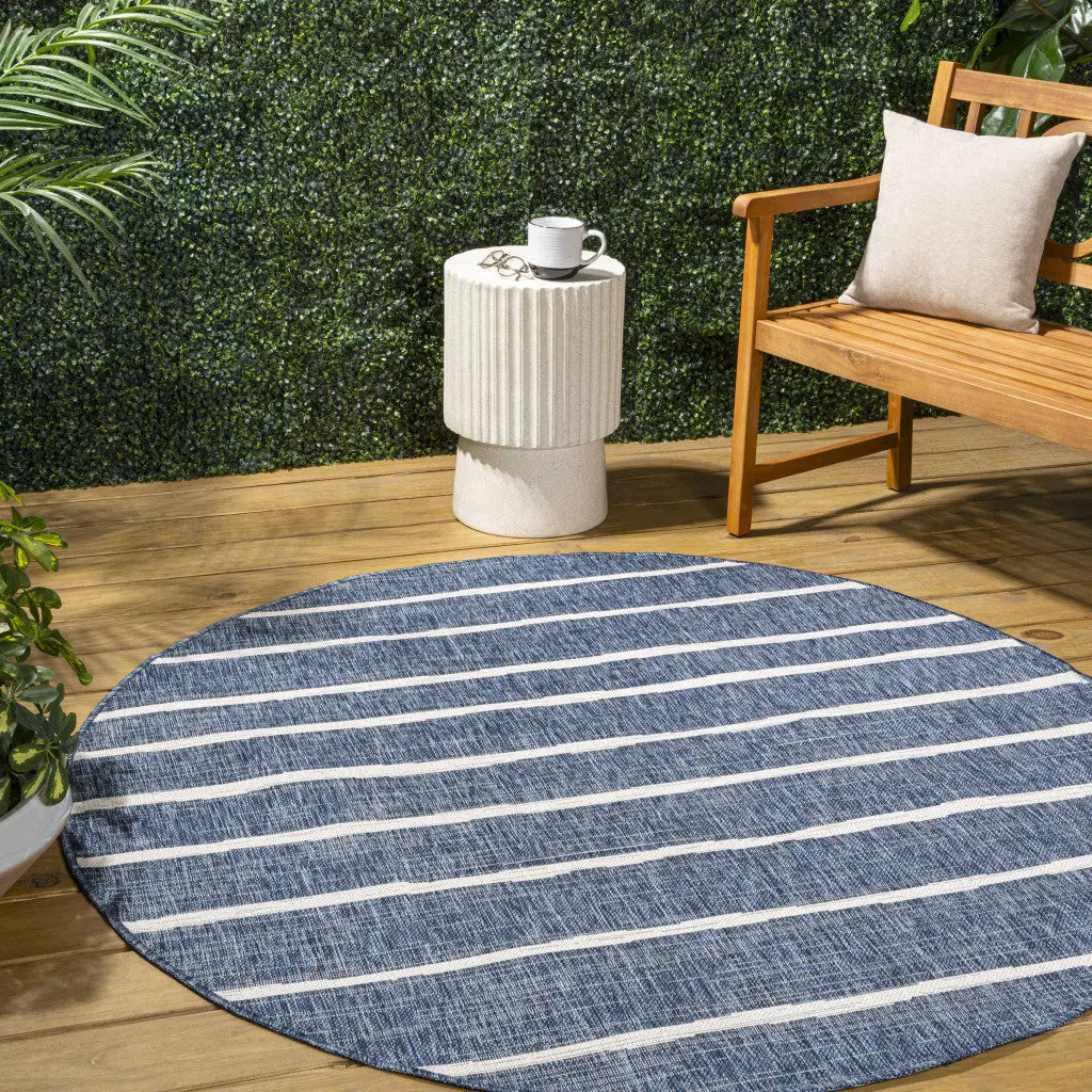8' Blue And Ivory Round Striped Indoor Outdoor Area Rug Homeroots Outdoor