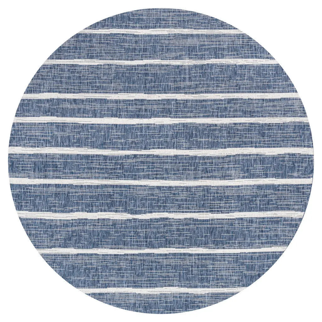 8' Blue And Ivory Round Striped Indoor Outdoor Area Rug Homeroots Outdoor