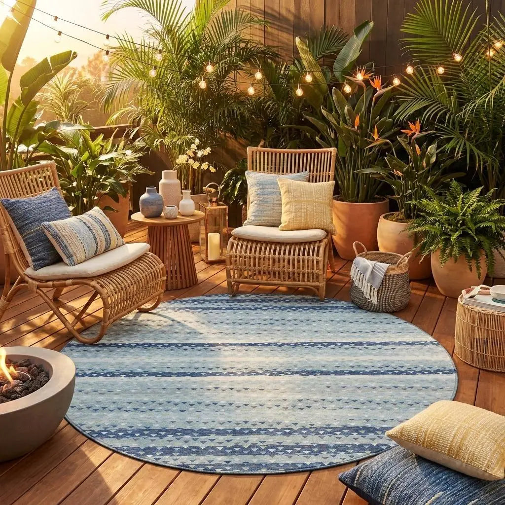 8' Blue And Ivory Round Striped Washable Indoor Outdoor Area Rug Homeroots Outdoor