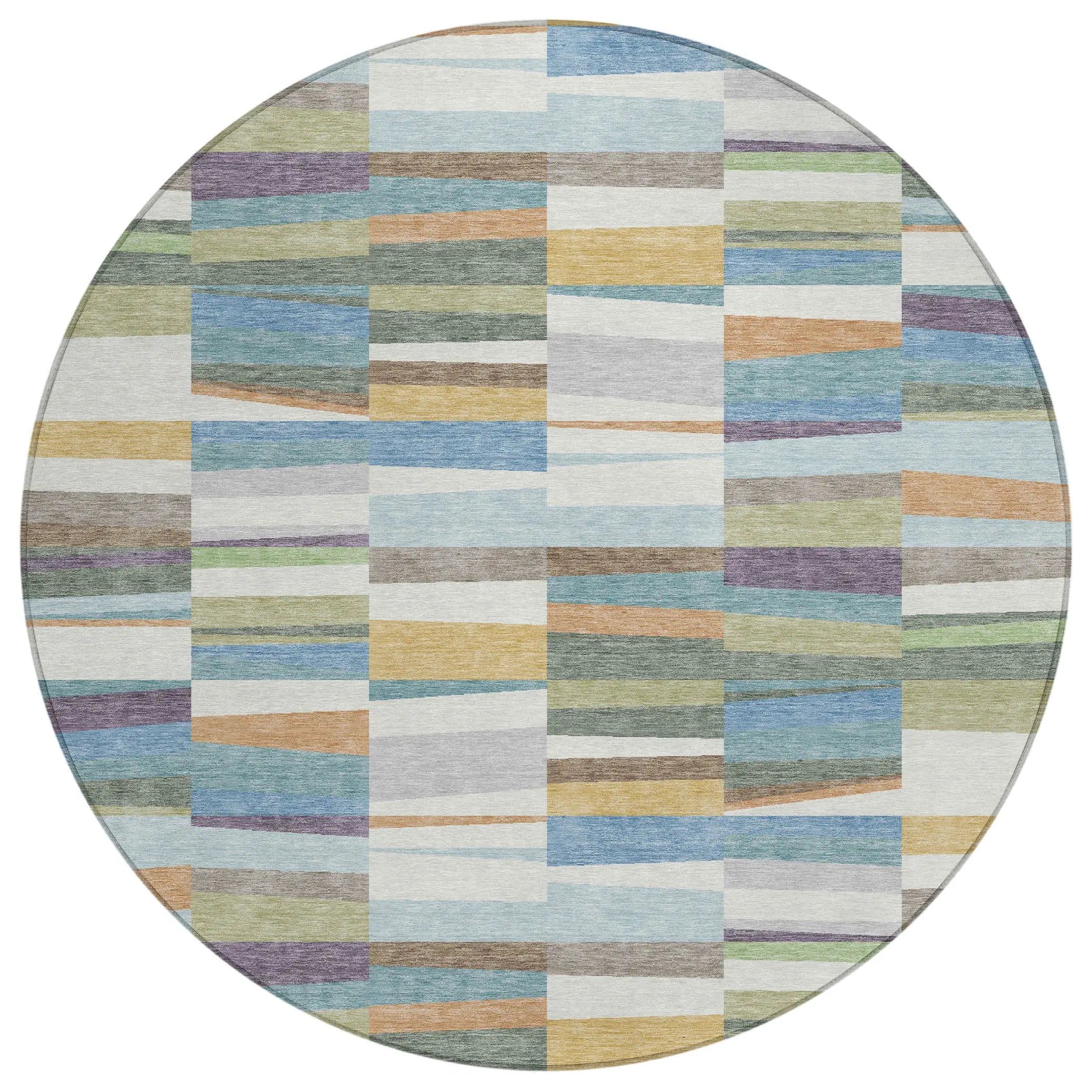 8' Blue And Ivory Round Striped Washable Indoor Outdoor Area Rug Homeroots Outdoor