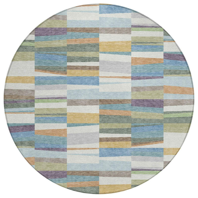8' Blue And Ivory Round Striped Washable Indoor Outdoor Area Rug Homeroots Outdoor
