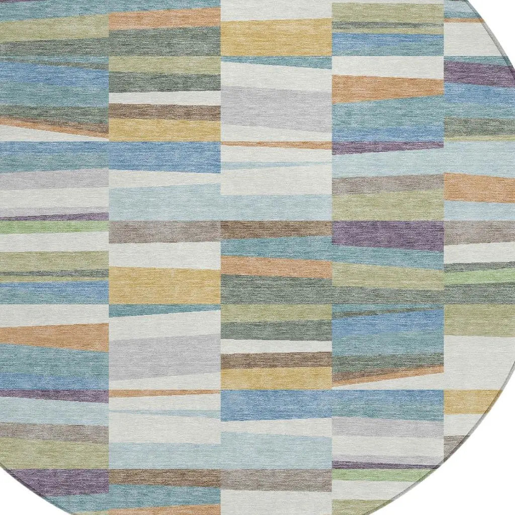 8' Blue And Ivory Round Striped Washable Indoor Outdoor Area Rug Homeroots Outdoor