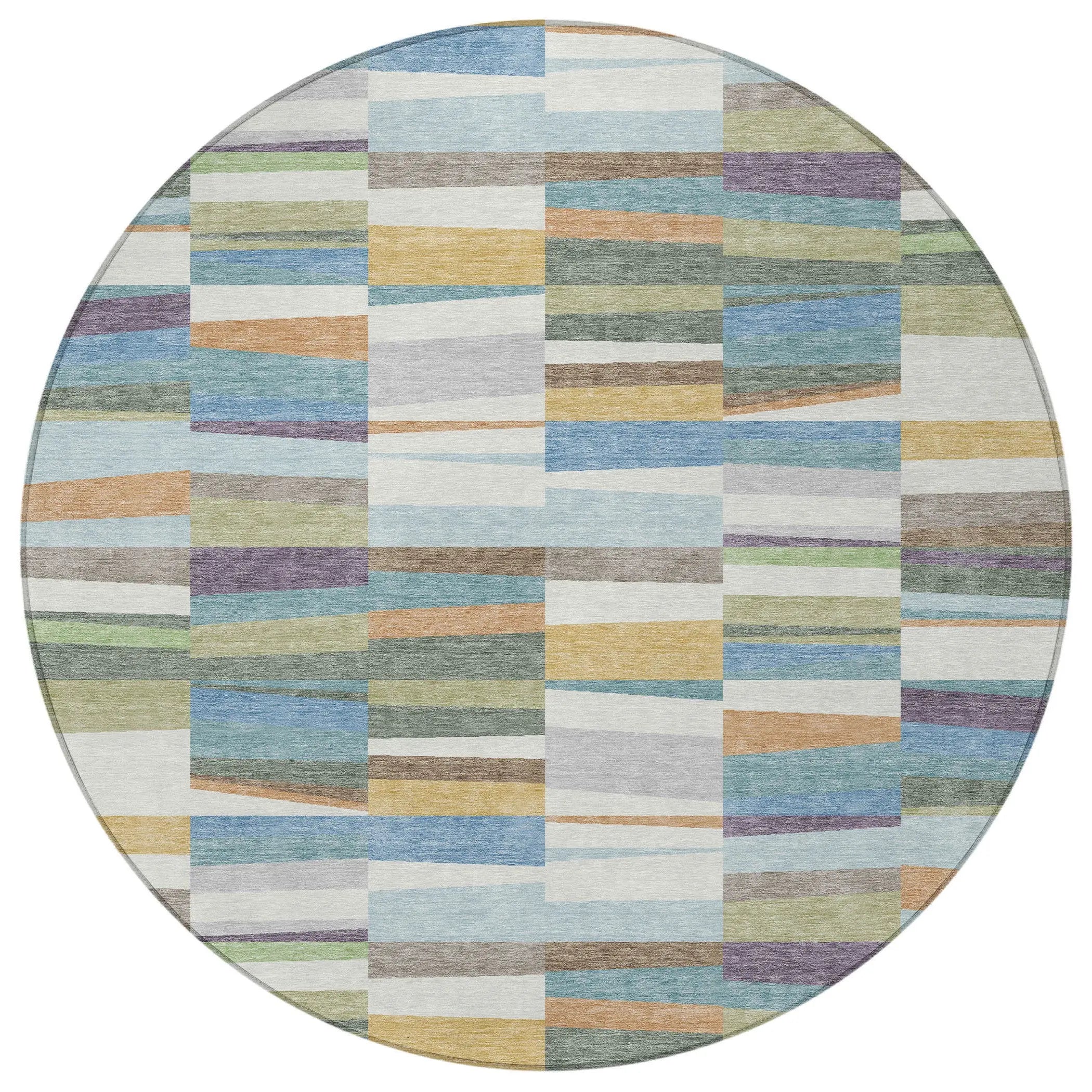 8' Blue And Ivory Round Striped Washable Indoor Outdoor Area Rug Homeroots Outdoor