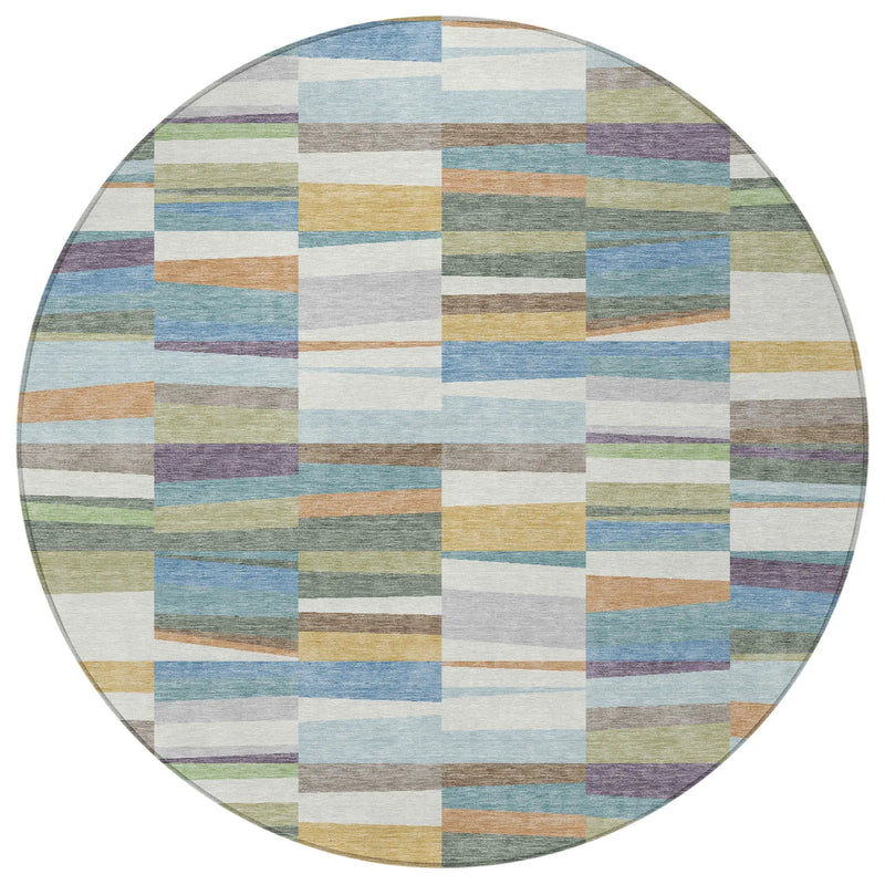 8' Blue And Ivory Round Striped Washable Indoor Outdoor Area Rug Homeroots Outdoor