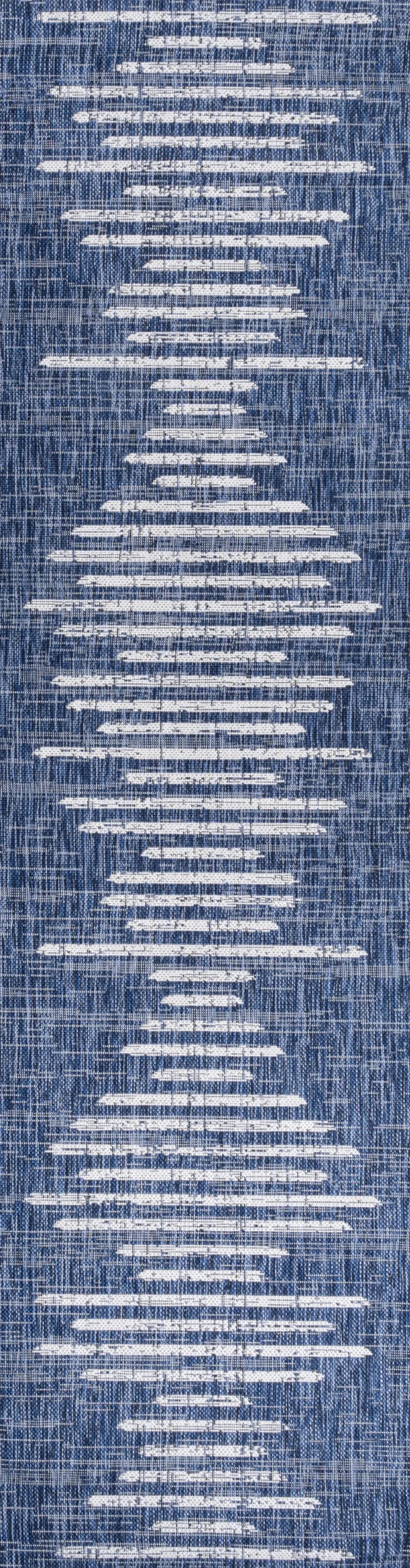 8' Blue And Ivory Striped Indoor Outdoor Runner Rug Homeroots Outdoor