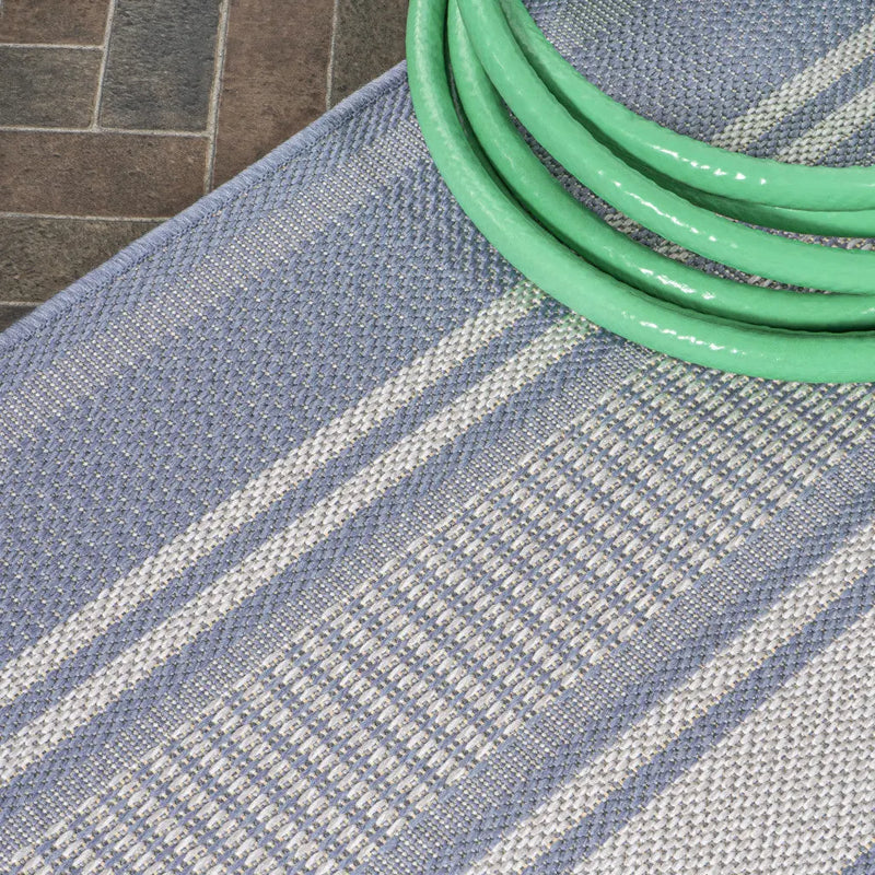 8' Blue And Light Gray Striped Indoor Outdoor Runner Rug Homeroots Outdoor
