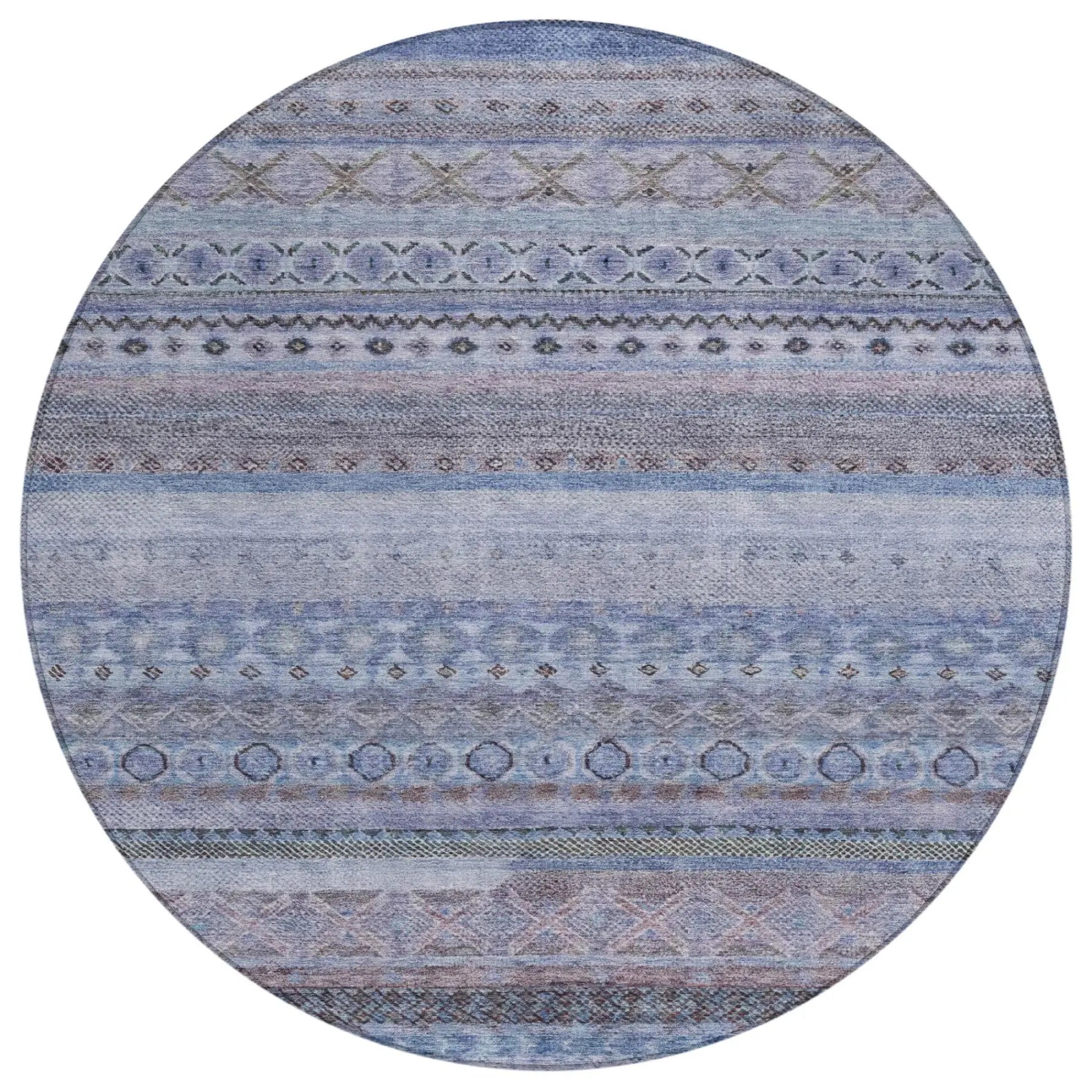 8' Blue And Lilac Round Striped Washable Indoor Outdoor Area Rug Homeroots Outdoor