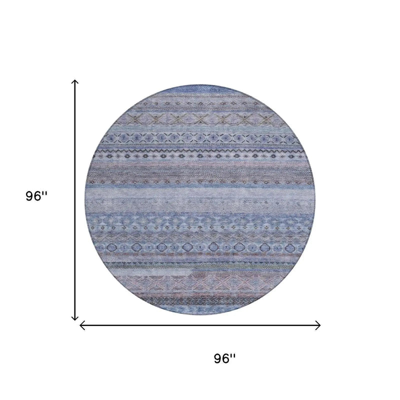 8' Blue And Lilac Round Striped Washable Indoor Outdoor Area Rug Homeroots Outdoor