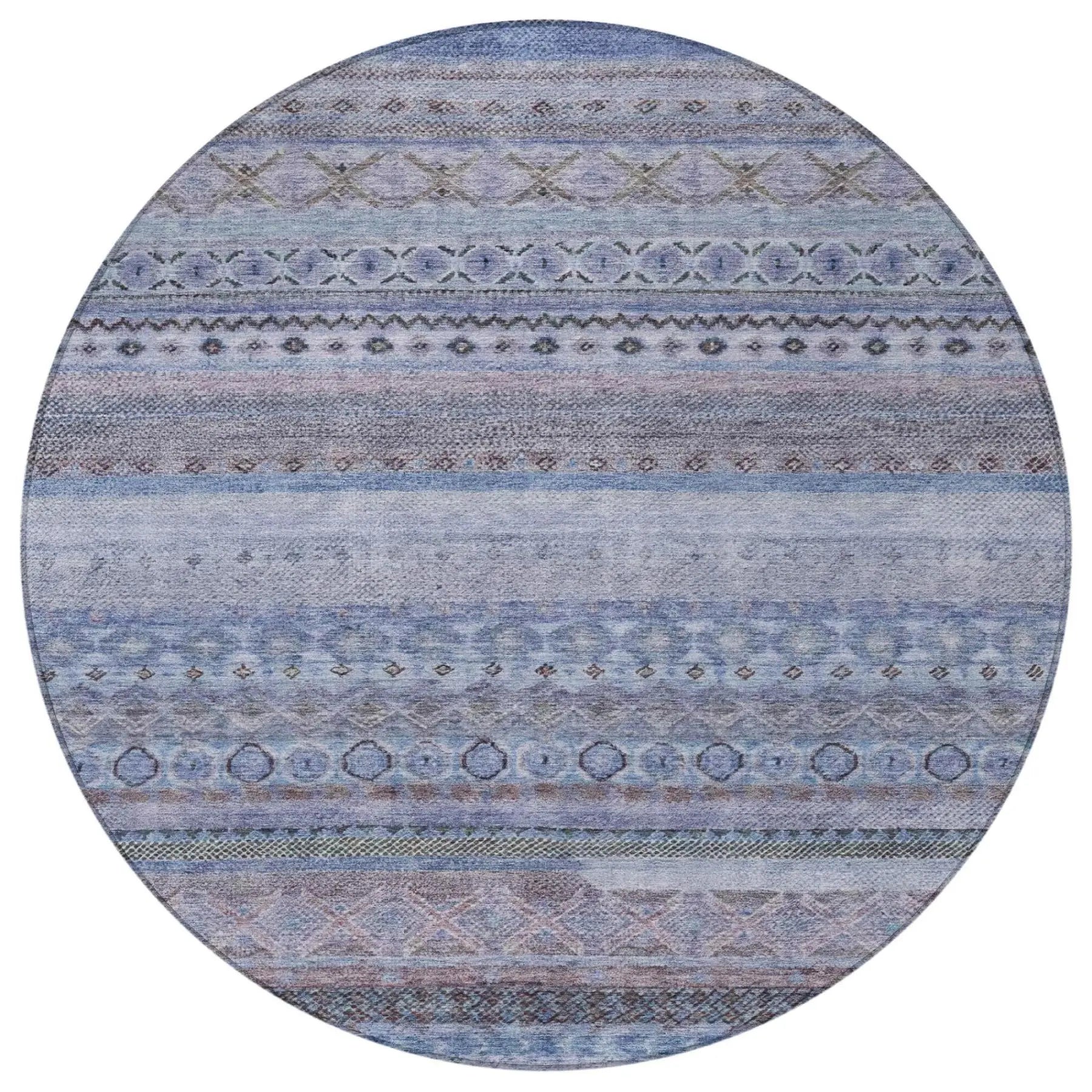 8' Blue And Lilac Round Striped Washable Indoor Outdoor Area Rug Homeroots Outdoor