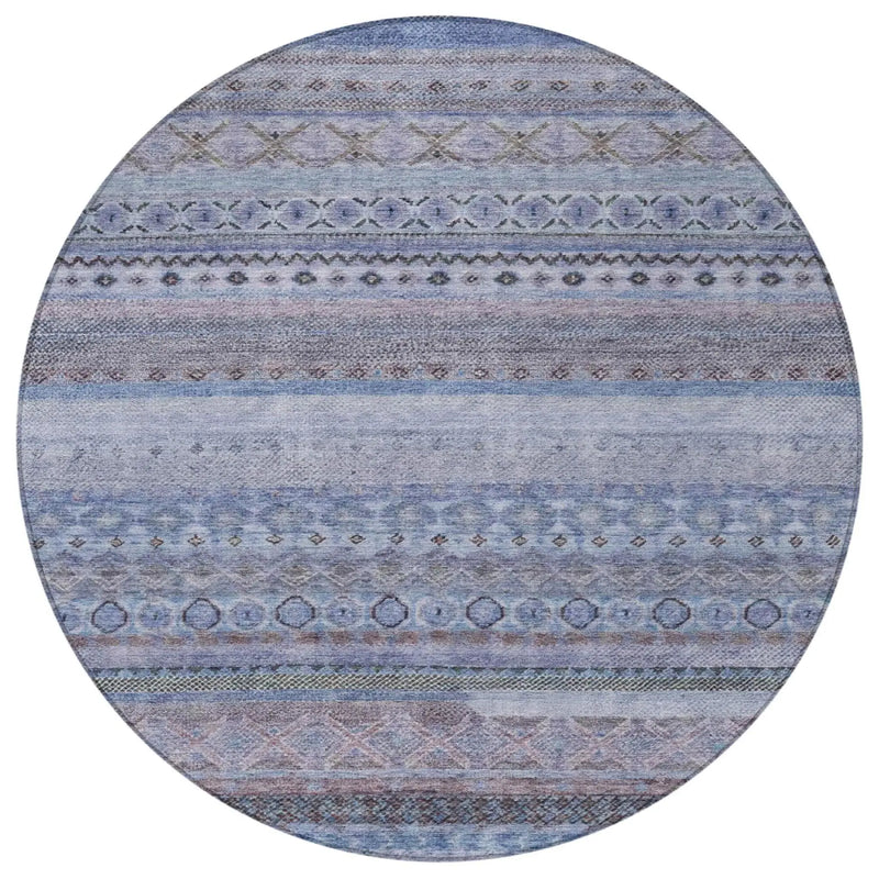 8' Blue And Lilac Round Striped Washable Indoor Outdoor Area Rug Homeroots Outdoor