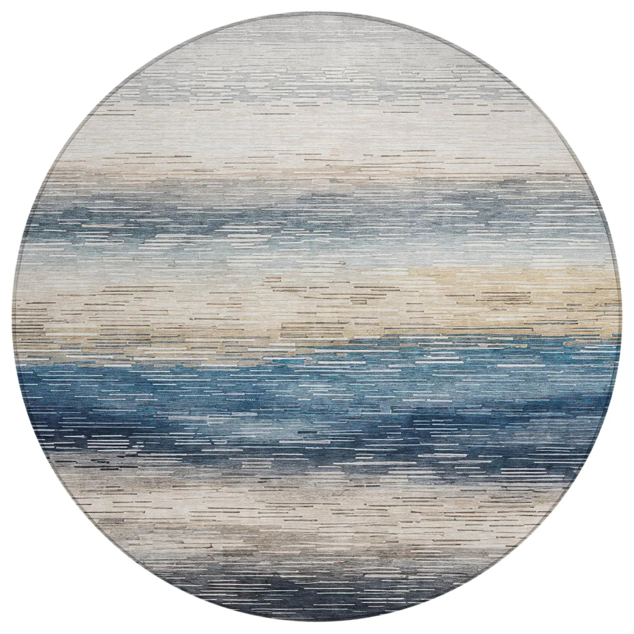 8' Blue And Linen Round Striped Washable Indoor Outdoor Area Rug Homeroots Outdoor