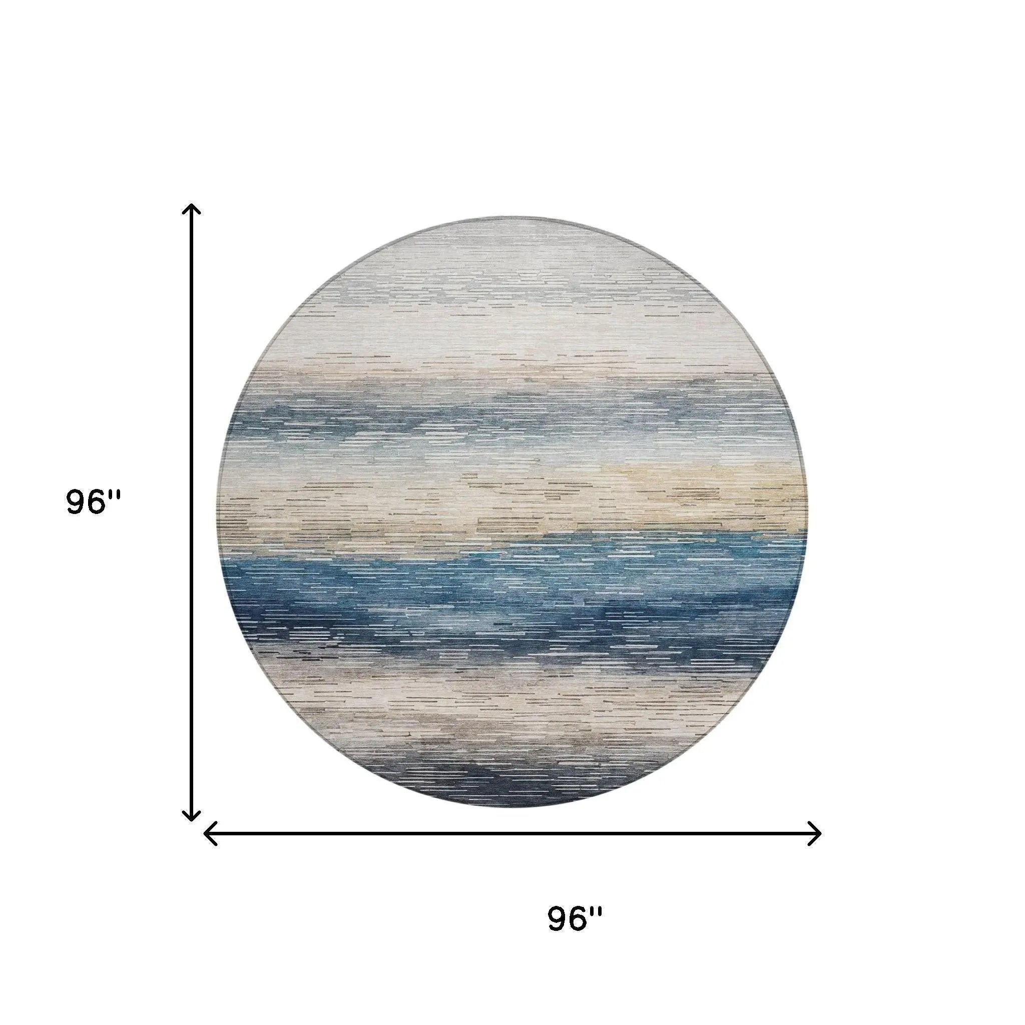 8' Blue And Linen Round Striped Washable Indoor Outdoor Area Rug Homeroots Outdoor