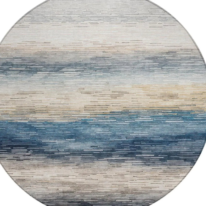 8' Blue And Linen Round Striped Washable Indoor Outdoor Area Rug Homeroots Outdoor