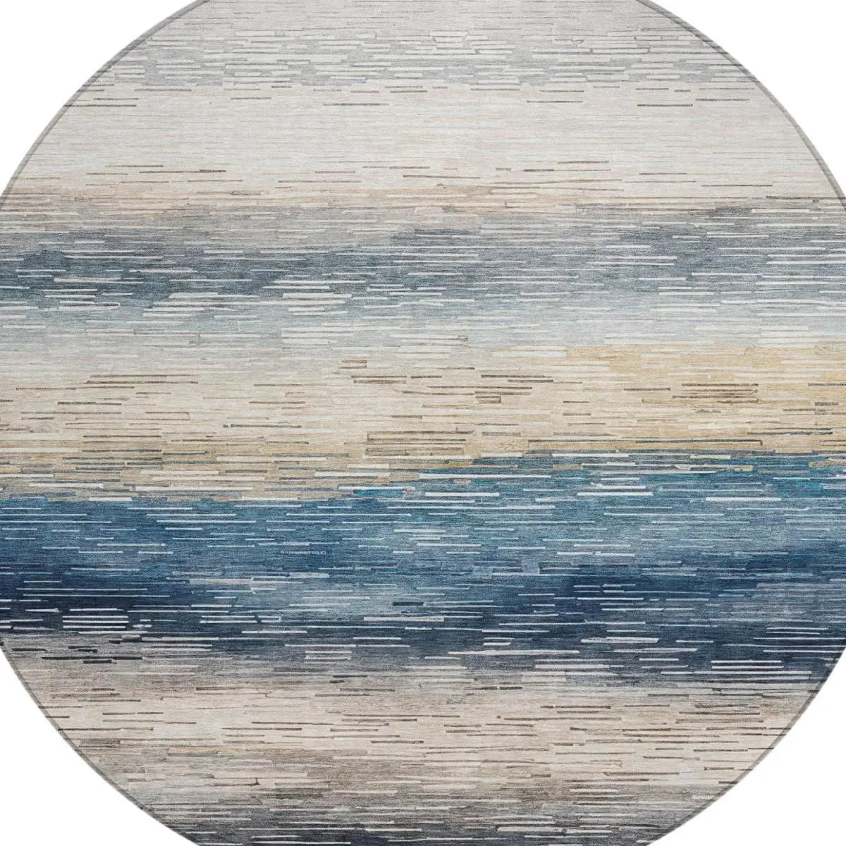 8' Blue And Linen Round Striped Washable Indoor Outdoor Area Rug Homeroots Outdoor
