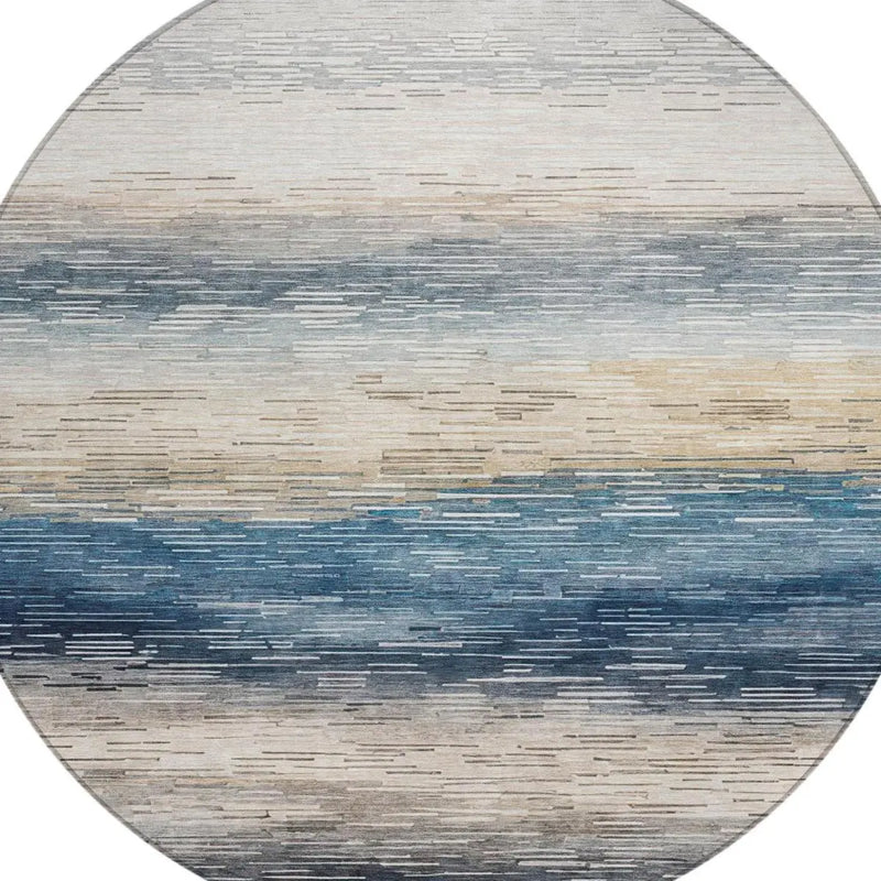 8' Blue And Linen Round Striped Washable Indoor Outdoor Area Rug Homeroots Outdoor