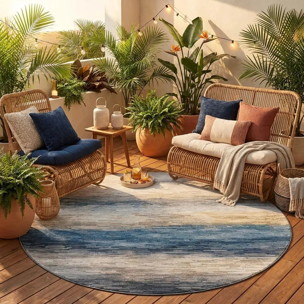 8' Blue And Linen Round Striped Washable Indoor Outdoor Area Rug Homeroots Outdoor